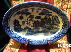 Vintage 10" Oval Vegetable Bowl Blue Willow Pattern Made in Occupied Japan - Picture 1 of 7