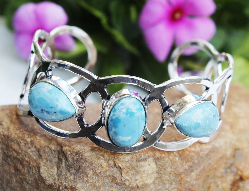 925 Sterling Silver Caribbean Larimar Gemstone Handmade Jewelry Bangle Sz 7-8 - Image 1 of 1