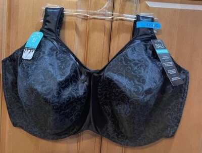 Bali Minimizer 3562 Underwire Bra Women's Black Satin Tracings Comfort Strap NWT - Image 1 of 3