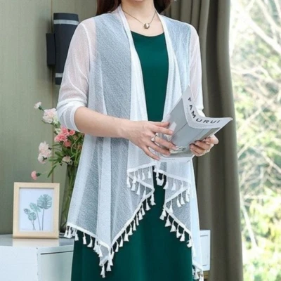 Ladies Sheer Cardigan Tassel Shawl Jacket Mesh Mid-length Cape Sun Protection - image 1 of 4