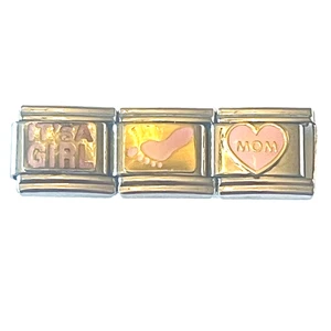 Charm Bimba Italiana 9mm Acciaio Inox Lotto 3 Link Cuore Rosa Mamma Idea Regalo - Foto 1 di 8