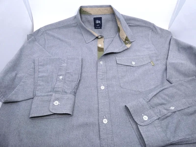 Stussy Men's Gray Cotton Camo-Placket Pocket-Front Button-Up Shirt Sz XL - Image 1 of 4