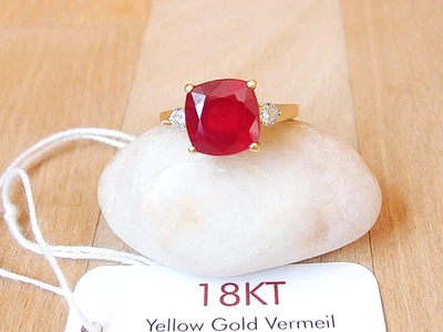 10mm African Ruby & Lab Grown Diamond Ring 18K Gold plated Sterling Silver Sz O - Image 1 of 4