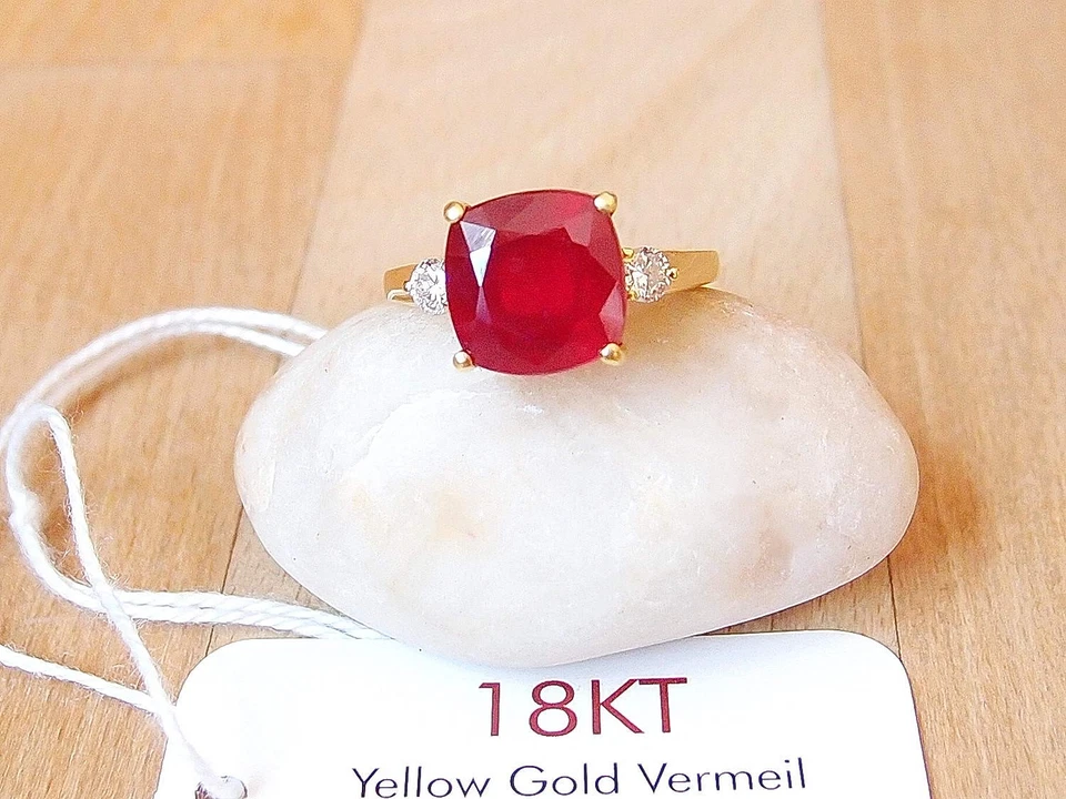 10mm African Ruby & Lab Grown Diamond Ring 18K Gold plated Sterling Silver Sz O Foto 1 de 1