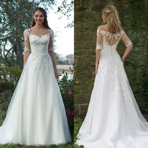 White Ivory Wedding Dresses A Line Elegant Lace Classic Summer Bridal Gowns - Picture 1 of 16