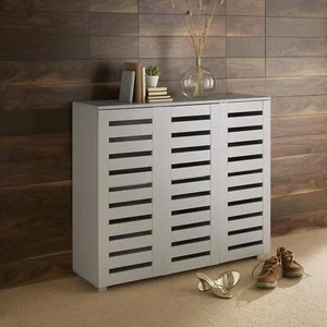 Wooden Shoe Storage Cabinet Rack Stand Oslo 3 Door Grey Cupboard Slatted Doors - Picture 1 of 7