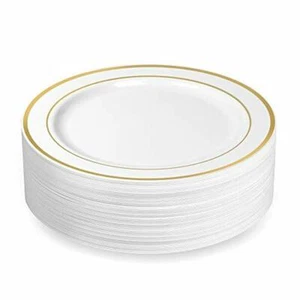 50 Plastic Dinner Plates Disposable 10.25 inches White with Gold Rim Heavy Duty - Picture 1 of 6