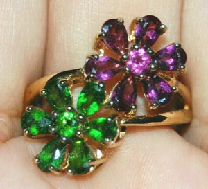 10K Yellow Gold Ovr 925 Sterling Silver Ring Simulated Ruby Emerald Gemstone Flo - Picture 1 of 10