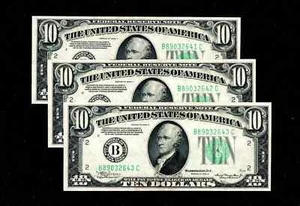 $10 1934-A Federal Reserve Notes New york GEM UNC X 3 Sequentially (B164) - Picture 1 of 2