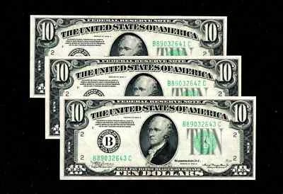 $10 1934-A Federal Reserve Notes New york GEM UNC X 3 Sequentially (B164) - Image 1 of 2