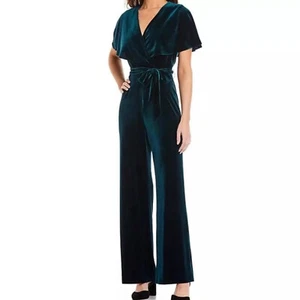Alex Marie Size 16 Capelet Cape Green Velvet V-Neck Jumpsuit Wide Leg Formal B23 - Picture 1 of 11