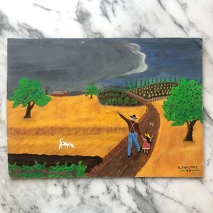 ARTE POPULAR original granja PINTURA artista firmado R. PARSONS '49 primitivo naif BONITO - Imagen 1 de 8
