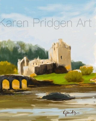 Cartão de arte ACEO ATC impressão a óleo assinado castelo jardim ponte paisagem - Imagem 1 de 2