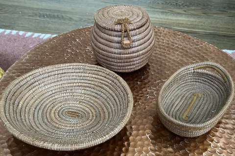 Lot of 3 Brown Woven Pine Needle Baskets Oval Circle Lidded 6" 10" Modern Rustic Cover