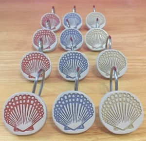 Sea Shell Scallops Shower Curtain Hooks 3 Colors Blue Red Yellow Set of 12 - Picture 1 of 6