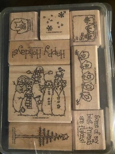 Stampin Up FLAKY FRIENDS SNOWMAN Christmas Holiday Rubber Stamps Set Of 8 2002 - Picture 1 of 5