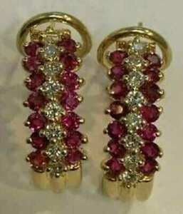 Lab-Created Red Ruby 3Ct Round Cut Huggie Hoop Earrings 14k Yellow Gold Plated - Picture 1 of 6