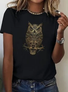 Owl Print Crew Neck T-shirt, Casual Short-sleeved Tops for Women - Picture 1 of 12