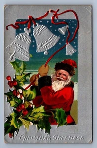 Postcard Vtg Christmas Holiday Greetings Santa Claus Holly Silver Bells - Picture 1 of 2
