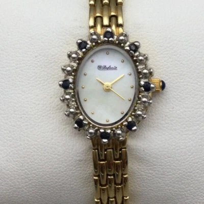 Relógio feminino Dufonte Lucien Piccard 20 mm tom dourado esfregão safira nova bateria 6,75" - Imagem 1 de 4