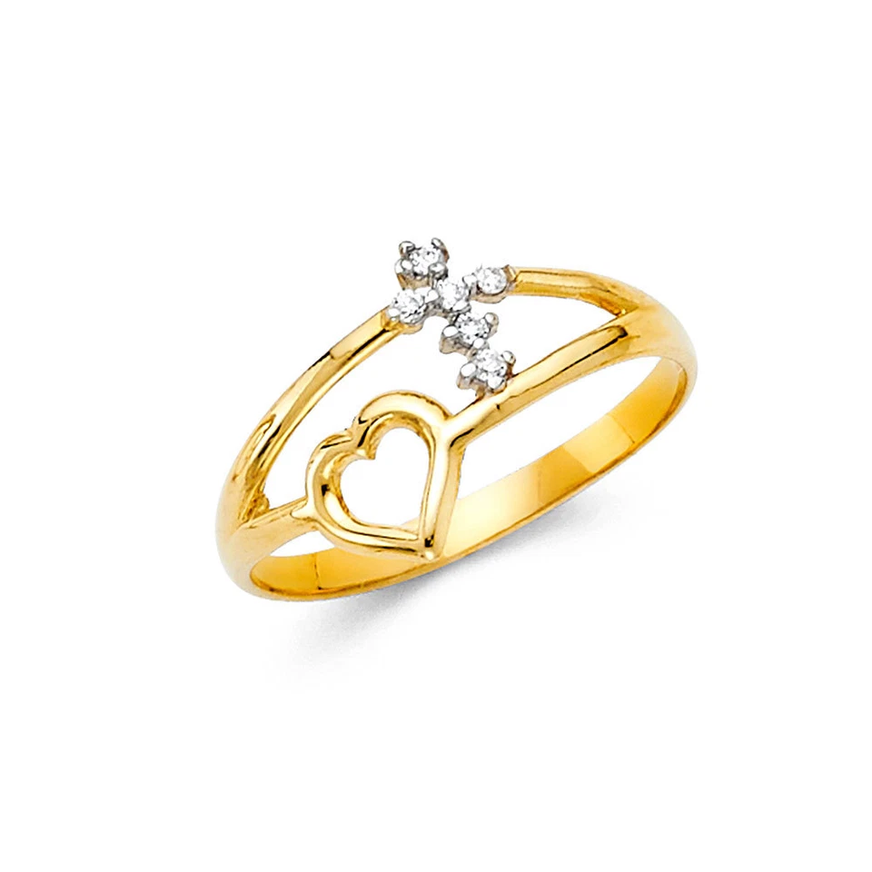 Mujeres Oro Amarillo 14k Religioso Corazón Jesús Circonita cúbica Cruz Moda Elegante Anillo Banda Foto 1 de 1