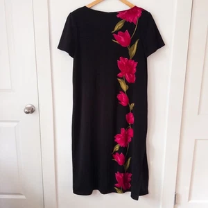 VTG 90s Black Tulip Floral Maxi Dress Short Sleeve Romantic Grunge Minimalist - Picture 1 of 5