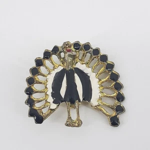 Pfau Vintage schwarz-weiß Emaille Anstecknadel Brosche Vogel Ave Federn rote Augen - Bild 1 von 5