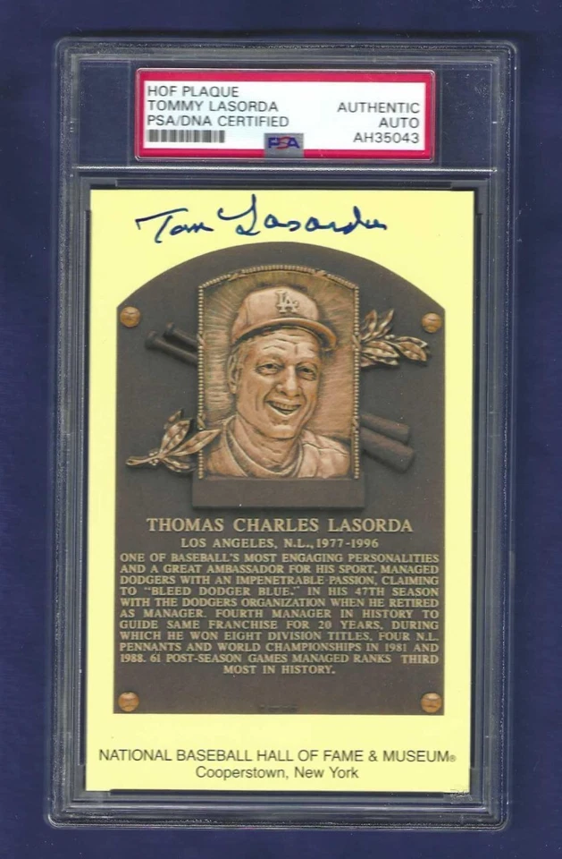 Tommy Lasorda LA Dodgers Baseball Autographed HOF Plaque Postcard PSA SLABBED - Image 1 of 1