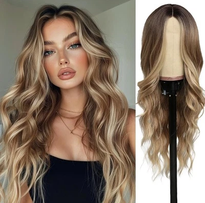 Peluca frontal de encaje HD mezcla cabello humano reflejos ondulado marrón X rubio balayage Foto 1 de 4