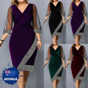 Plus Size Summer Formal Party Wear Mesh Sleeve V Neck Midi Velvet Casual Dress - Picture 1 of 27