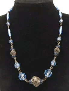 Collar de vidrio Art Deco azul con cuentas filigrana tapado 16 pulgadas c1930s bohemio - Imagen 1 de 6