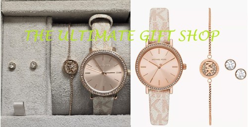 OROLOGIO MICHAEL KORS ORO ROSA PVC BIANCO VANIGLIA CRISTALLI ORECCHINI A PERNO BRACCIALE