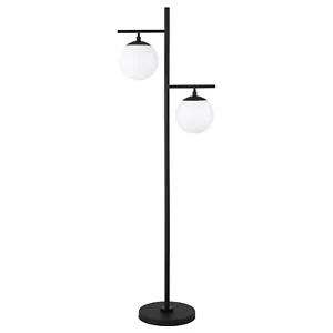 71" Black Two Light Tree Floor Lamp With White Frosted Glass Globe Shade - Picture 1 of 9