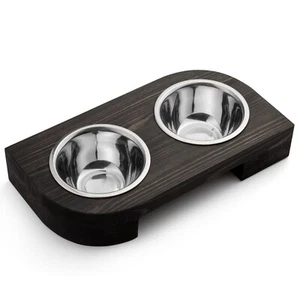 Pet Food Water Bowls for Dogs Cats Puppies Pine Wood Holder 2 Stainless Steel - Picture 1 of 7