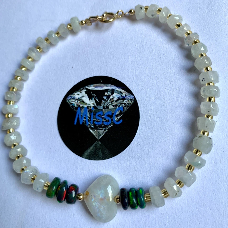 9CT GOLD RAINBOW MOONSTONE HEART AND DARK FIRE OPAL  BRACELET  HANDMADE IN UK - Image 1 of 4