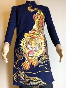 Navy Blue Tiger Ao Dai for men, Hand Painted Vietnamese Dress for Men - Picture 1 of 4