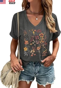 Casual V-Neck Graphic Tees for Women Summer Cute Short Sleeve Holiday Family Mat - Picture 1 of 1