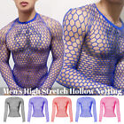 Mens Mesh See Through Fishnet T-Shirt Long Sleeve Muscle Undershirt Tops Black