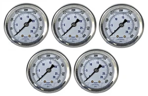5 PACK LIQUID FILLED PRESSURE GAUGE 0-400 PSI, 2" FACE, 1/4" BACK MOUNT - Picture 1 of 3