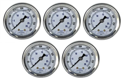 5 PACK LIQUID FILLED PRESSURE GAUGE 0-400 PSI, 2" FACE, 1/4" BACK MOUNT - Image 1 of 3
