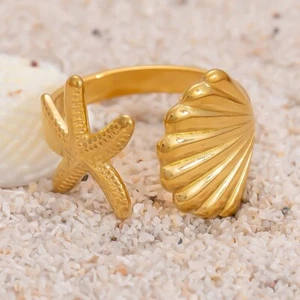 18K Gold Plated Shell and Starfish Design, Adjustable Open Ring for Women - Picture 1 of 3