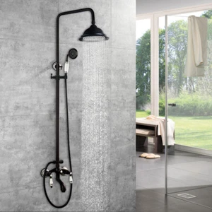 Bathroom Rain Shower Black Mixer Round Shower Head Hand Sprayer Faucet Units - Bild 1 von 9