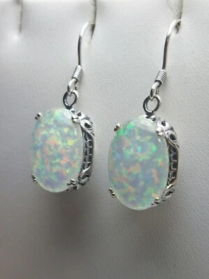 Simulated Opal Earrings, Sterling Silver Edwardian Filigree (Custom-Made) E70 - Image 1 of 4