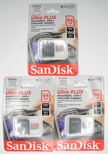 NEW Lot Of 3x SanDisk Ultra Plus 64GB MicroSDXC I V10 A1 Class 10 Memory Cards - Picture 1 of 6
