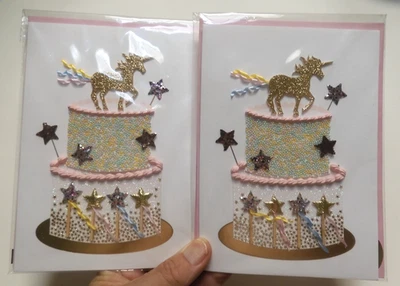 2 Cards Papyrus Birthday Golden Unicorn On Cake with Stars Fantastical Birthday - Image 1 of 4