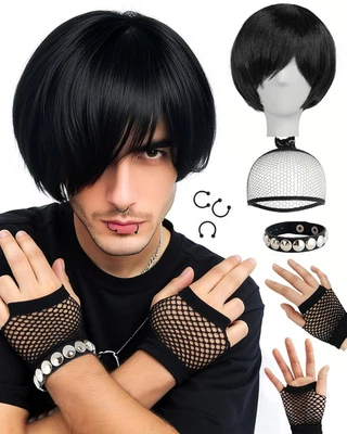 8 Piezas Peluca Emo Hombres Peluca Negra Corta Conjunto de Disfraz Emo para Hombres Pelucas de Escena Pelucas Góticas 2 Foto 1 de 4