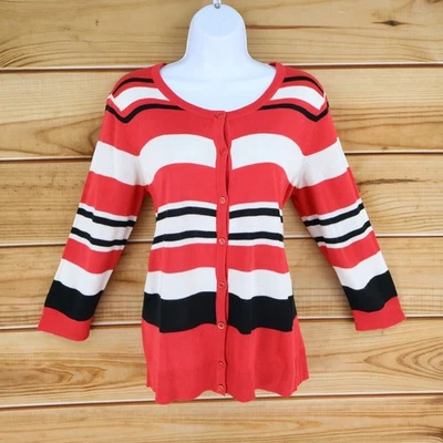 New York & Company Button Up Sweater Womens Sz L Multicolor Striped 3/4 Sleeves - Image 1 of 4