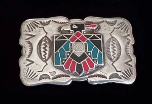 Vintage Grenzschnallen massiv Sterling handgraviert Emaille Donnervogel Schnalle - Bild 1 von 19