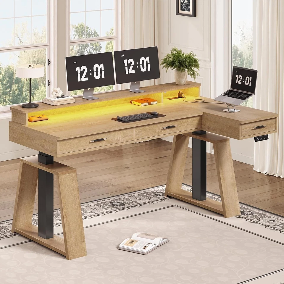59" L Shaped Electric Standing Desk with Drawers, Adjustable Executive Desk - Image 1 of 4