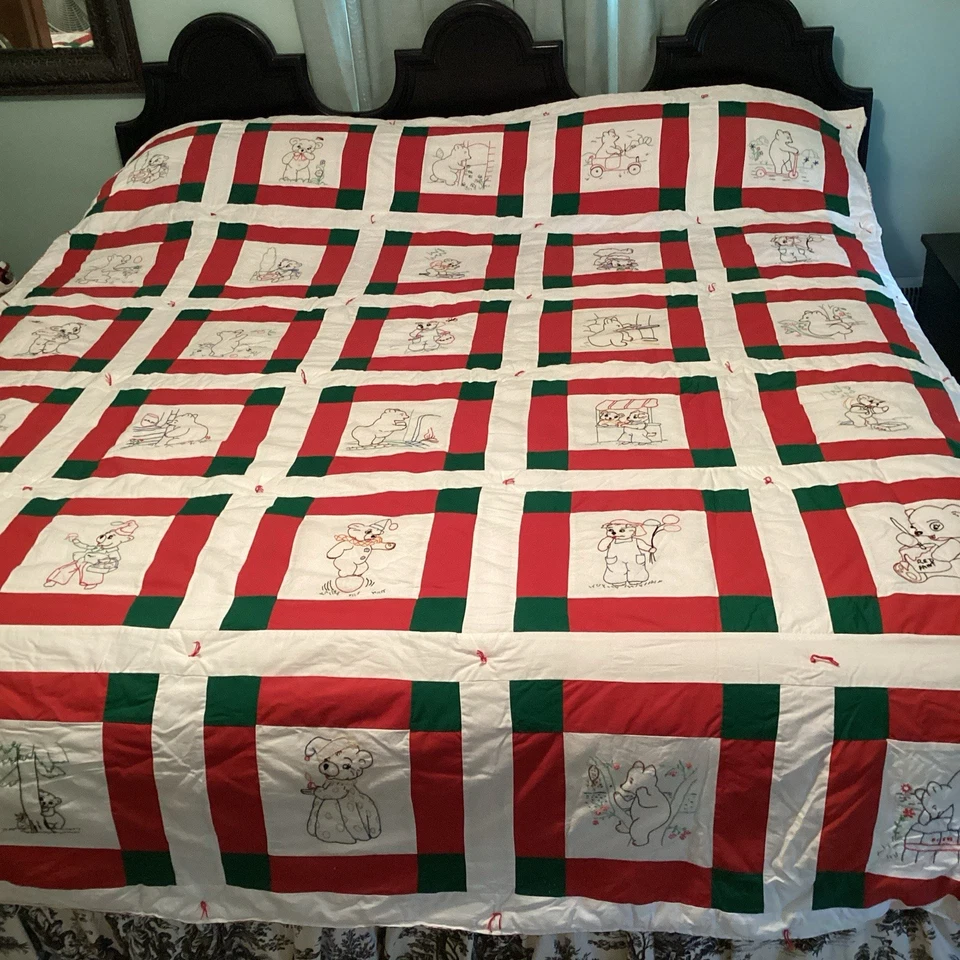 Child's Teddy Bear Bedding Comforter 94" x 90" Embroidered Gingham Red Green - Image 1 of 4